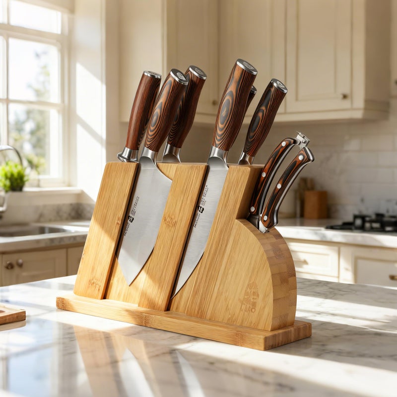 TUO Sharp Knife Set for Kitchen, 8 Piece Wooden Knife Block Set, Forged German Steel with Woodgrain Pakkawood Ergo Handle, Rust Resistant - Fiery Phoenix Series - Image 2